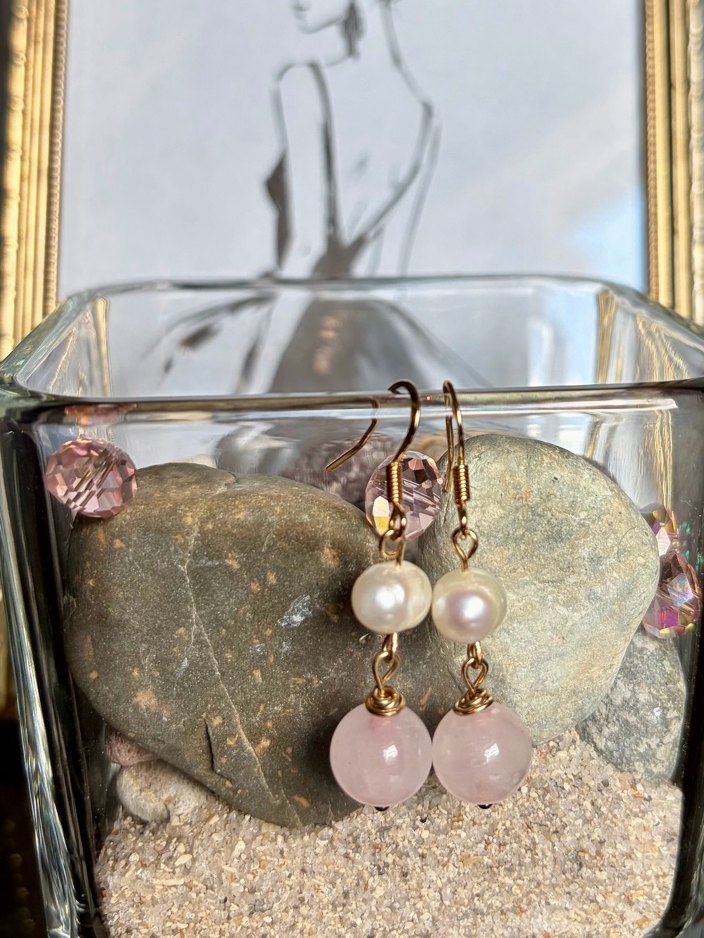 Elegant Pink Rose Quartz & Pearl Drop Earrings with Gold Tone